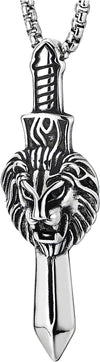 COOLSTEELANDBEYOND Viking Sword Lion Head Pendant Necklace for Men, Stainless Steel, 30 inches Wheat Chain - COOLSTEELANDBEYOND Jewelry