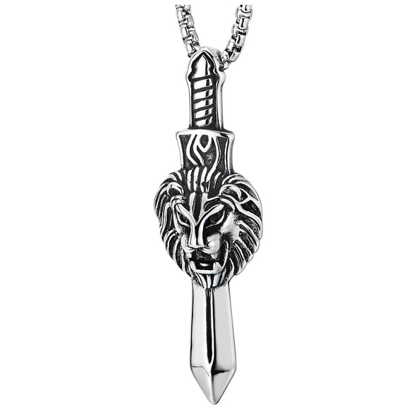 COOLSTEELANDBEYOND Viking Sword Lion Head Pendant Necklace for Men, Stainless Steel, 30 inches Wheat Chain - COOLSTEELANDBEYOND Jewelry