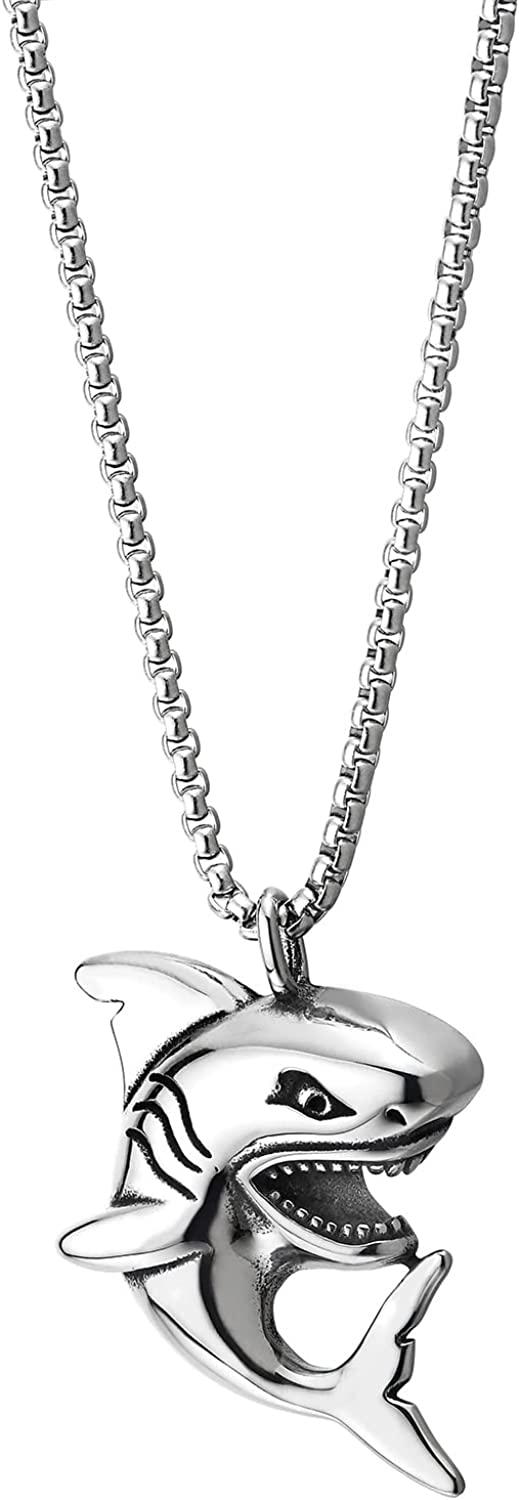 COOLSTEELANDBEYOND Mens Womens Stainless Steel Shark Pendant Necklace with 30 inches Wheat Chain - COOLSTEELANDBEYOND Jewelry