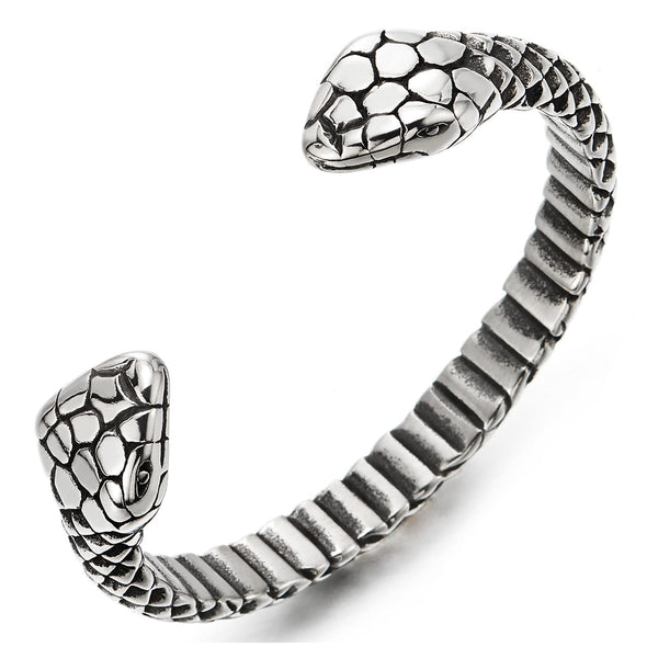 COOLSTEELANDBEYOND Stainless Steel Snake Heads Cuff Bracelet for Mens Women, Snake Scale Bangle, Retro Style - COOLSTEELANDBEYOND Jewelry