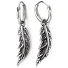 Mens Womens Stainless Steel Circle Huggie Hinged Hoop Earrings with Dangling Vintage Feather Leaf - COOLSTEELANDBEYOND Jewelry