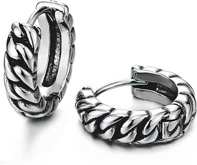 Pair Stainless Steel Curb Chain Wreath Circle Huggie Hinged Hoop Earrings Unisex Men Women - COOLSTEELANDBEYOND Jewelry