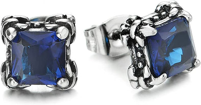 Mens Women Stainless Steel Square Claw Stud Earrings with Blue Princess Cut Cubic Zirconia - COOLSTEELANDBEYOND Jewelry