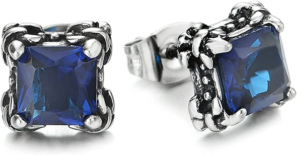 Mens Women Stainless Steel Square Claw Stud Earrings with Blue Princess Cut Cubic Zirconia - COOLSTEELANDBEYOND Jewelry