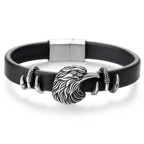 COOLSTEELANDBEYOND Stainless Steel Eagle Bracelet for Men, Eagle Head and Claws Bangle, Black Leather Wristband - COOLSTEELANDBEYOND Jewelry