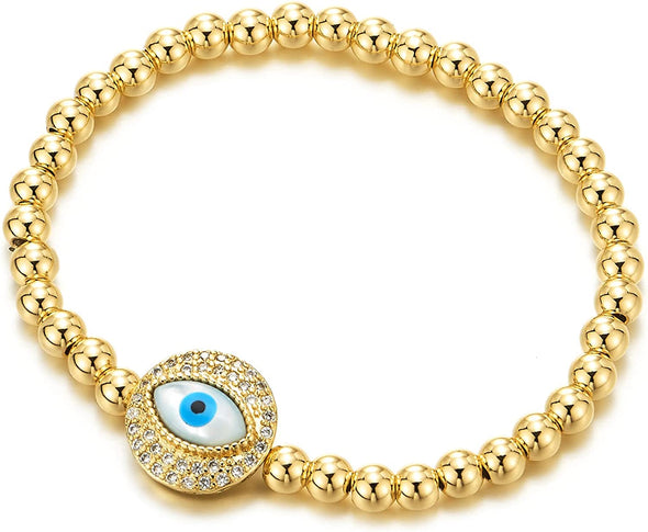 COOLSTEELANDBEYOND Protection Evil Eye Gold Color Beads Bracelet with Cubic Zirconia - COOLSTEELANDBEYOND Jewelry