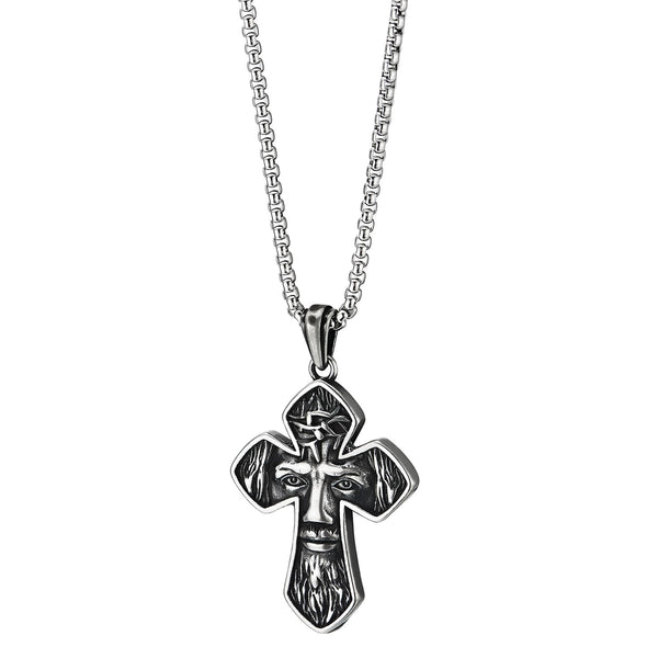 COOLSTEELANDBEYOND Men Jesus Christ Textured Cross Pendant Necklace, Vintage Stainless Steel, 30 inches Wheat Chain - COOLSTEELANDBEYOND Jewelry
