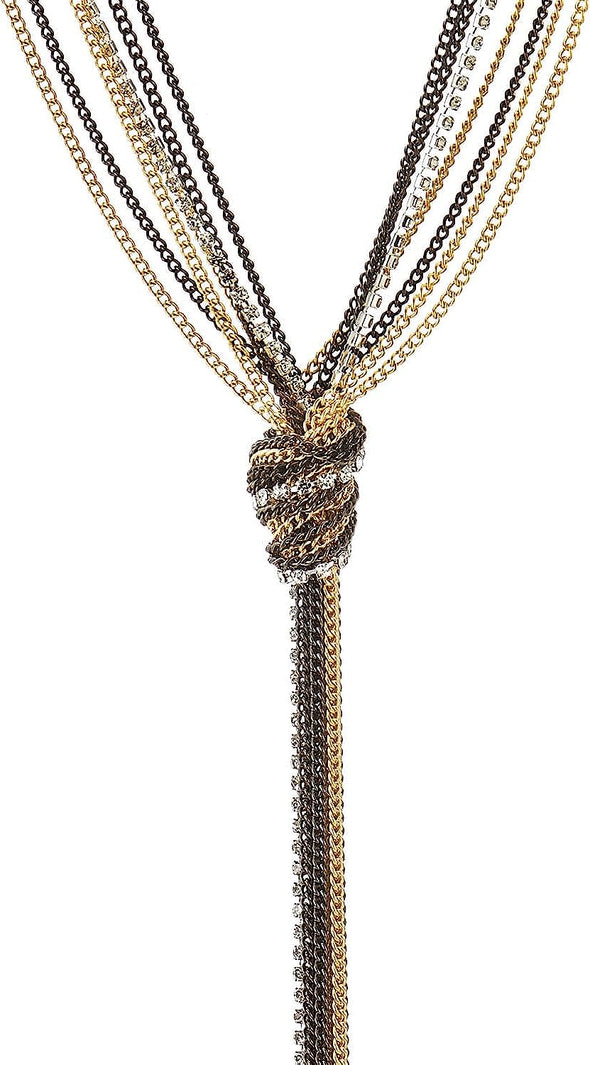 COOLSTEELANDBEYOND Lariat Necklace, Multi-strand Y-chain Tassel Pendant Long Chains with Rhinestones, Gold and Grey - COOLSTEELANDBEYOND Jewelry