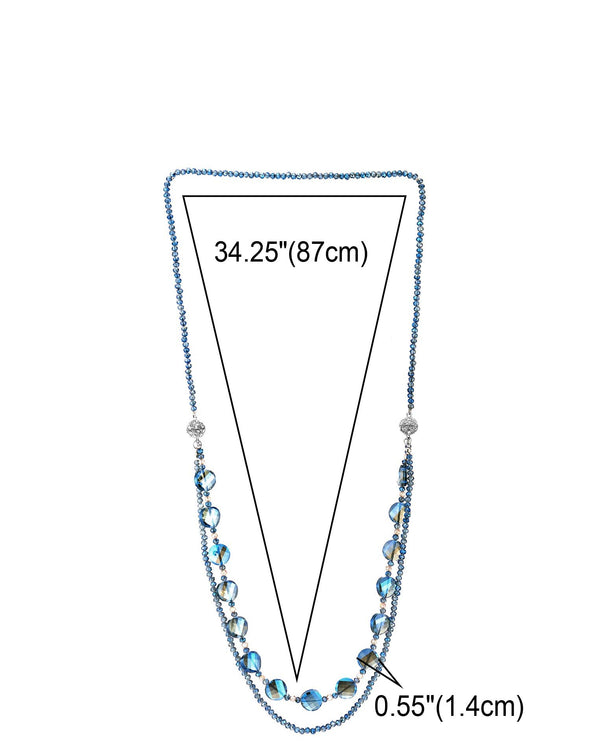 COOLSTEELANDBEYOND Crystal Beads Necklace, Long Blue Crystal Chain with Cubic Zirconia and Magnetic Clasp Detachable into Two Pieces - COOLSTEELANDBEYOND Jewelry