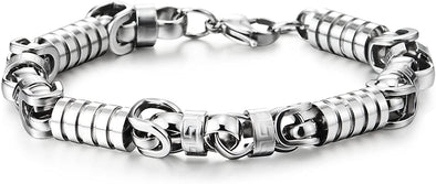 COOLSTEELANDBEYOND Fashion Style Mens Steel Braid Link Bracelet with Grooved Tube and Circle Ring Charms, Polished - COOLSTEELANDBEYOND Jewelry