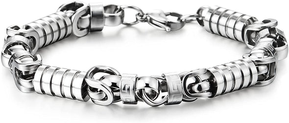 COOLSTEELANDBEYOND Fashion Style Mens Steel Braid Link Bracelet with Grooved Tube and Circle Ring Charms, Polished - COOLSTEELANDBEYOND Jewelry