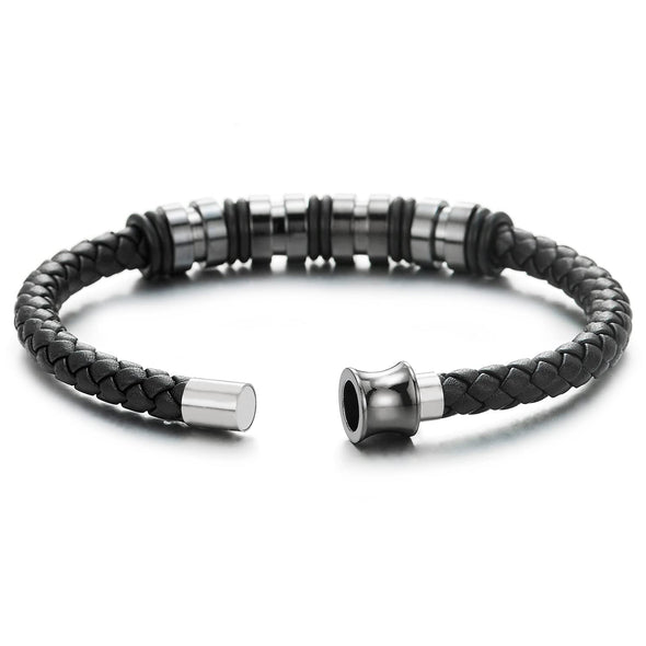 COOLSTEELANDBEYOND Mens Women Black Braided Leather Bracelet, Bangle with Stainless Steel Bead String and Magnetic Clasp - COOLSTEELANDBEYOND Jewelry