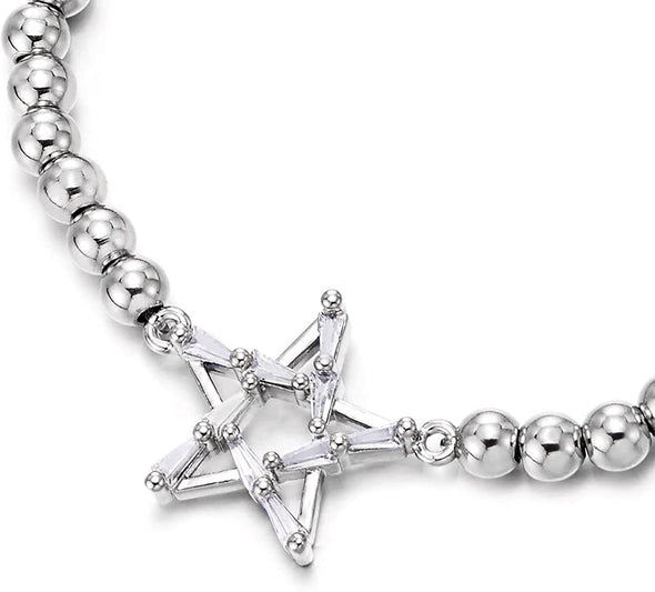 COOLSTEELANDBEYOND Cubic Zirconia Star Bracelet, Womens Beads Link Chain Charm Bracelet - COOLSTEELANDBEYOND Jewelry