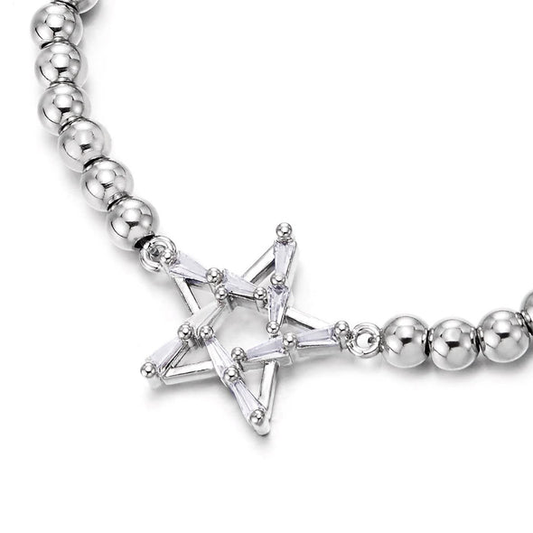 COOLSTEELANDBEYOND Cubic Zirconia Star Bracelet, Womens Beads Link Chain Charm Bracelet - COOLSTEELANDBEYOND Jewelry