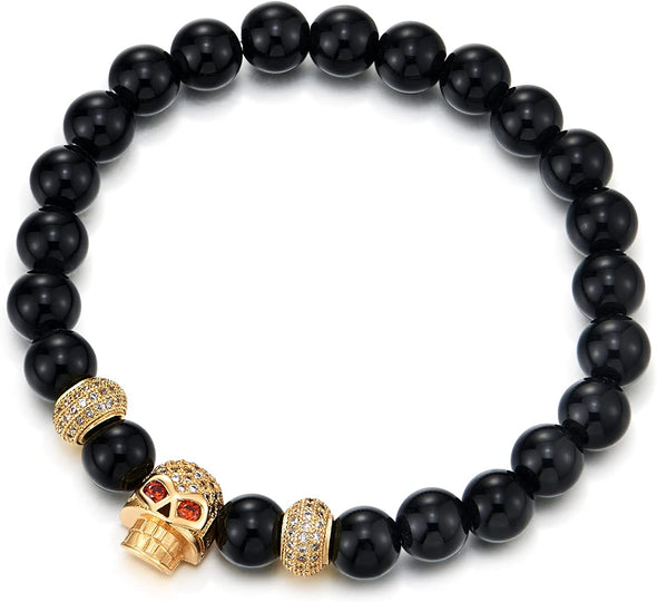 COOLSTEELANDBEYOND Mens Women Black Onyx Beads Bracelet, Cubic Zirconia Pave Gold Color Red Eye Skull and Bead Charm - COOLSTEELANDBEYOND Jewelry