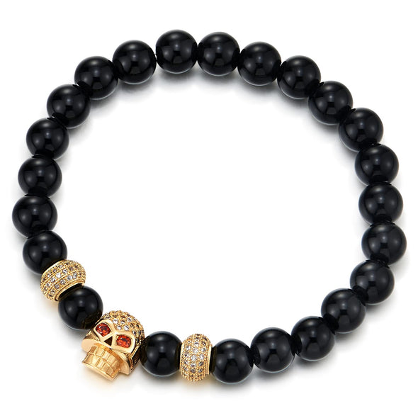 COOLSTEELANDBEYOND Mens Women Black Onyx Beads Bracelet, Cubic Zirconia Pave Gold Color Red Eye Skull and Bead Charm - COOLSTEELANDBEYOND Jewelry