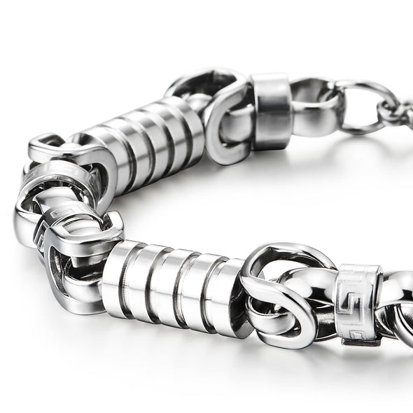 COOLSTEELANDBEYOND Fashion Style Mens Steel Braid Link Bracelet with Grooved Tube and Circle Ring Charms, Polished - COOLSTEELANDBEYOND Jewelry