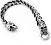 Mens Stainless Steel Skulls Link Chain Black Leather Interwoven Bracelet with Spring Ring Clasp - COOLSTEELANDBEYOND Jewelry