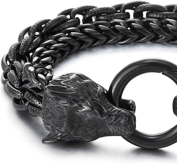 COOLSTEELANDBEYOND Biker Viking Black Wolf Heads Bracelet Mens Steel Double Curb Chain Braided Rope Chain Bracelet - COOLSTEELANDBEYOND Jewelry