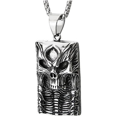 COOLSTEELANDBEYOND Men Steel Vintage Concave Engraving Skeleton Skull Dog tag Pendant Necklace, 30 inches Wheat Chain - COOLSTEELANDBEYOND Jewelry