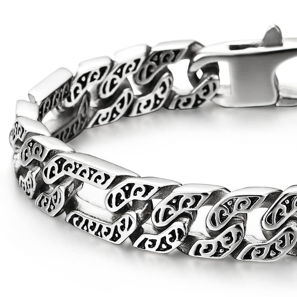 COOLSTEELANDBEYOND Mens Vintage Stainless Steel Fancy Tribal Tattoo Pattern Curb Chain Bracelet with Spring Box Clasp - COOLSTEELANDBEYOND Jewelry