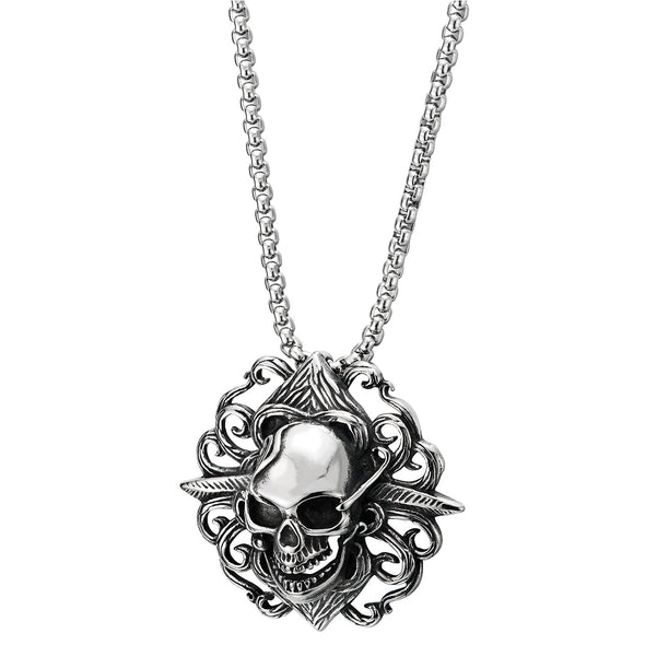 COOLSTEELANDBEYOND Mens Stainless Steel Filigree Skull Pendant Necklace, 30 inches Wheat Chain, Vintage Gothic Rock Punk - COOLSTEELANDBEYOND Jewelry