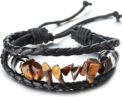 COOLSTEELANDBEYOND Charm Bracelet Black Leather with Bead Strings Multi-Strand Mens Womens Wrap Bracelet Wristband - COOLSTEELANDBEYOND Jewelry
