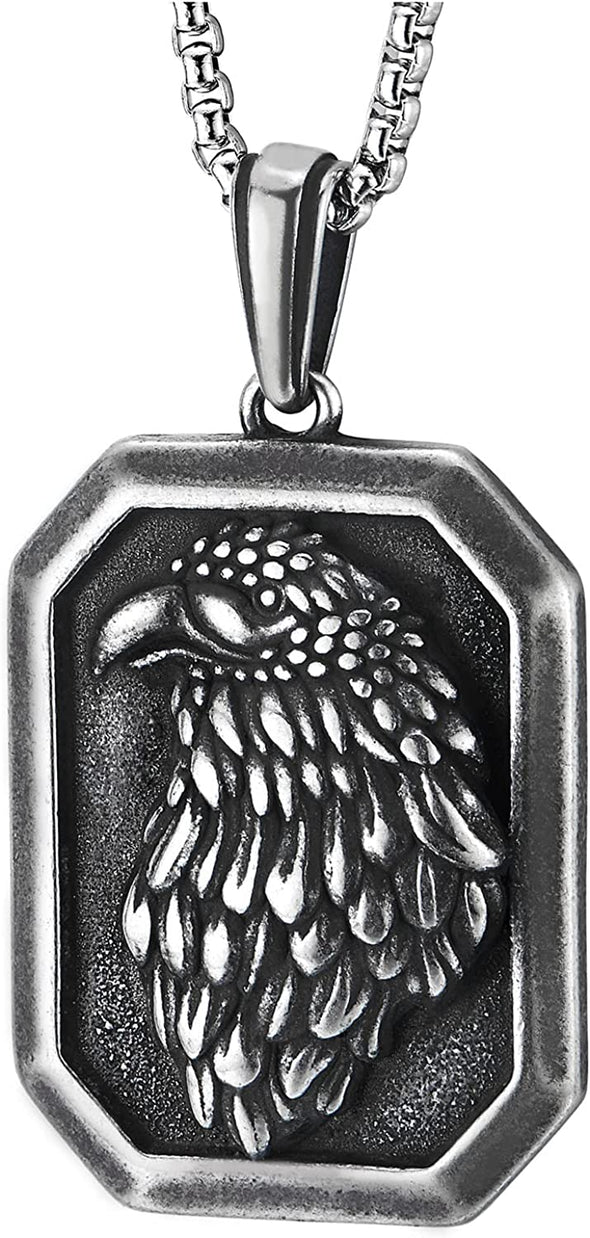 COOLSTEELANDBEYOND Mens Embossed Eagle Pendant Necklace, Vintage Oxidized Stainless Steel Dog Tag Medallion - COOLSTEELANDBEYOND Jewelry