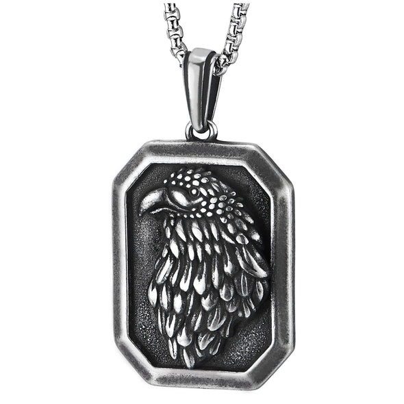 COOLSTEELANDBEYOND Mens Embossed Eagle Pendant Necklace, Vintage Oxidized Stainless Steel Dog Tag Medallion - COOLSTEELANDBEYOND Jewelry