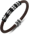 COOLSTEELANDBEYOND Mens Women Brown Braided Leather Bracelet, Bangle with Stainless Steel Bead String and Magnetic Clasp - COOLSTEELANDBEYOND Jewelry