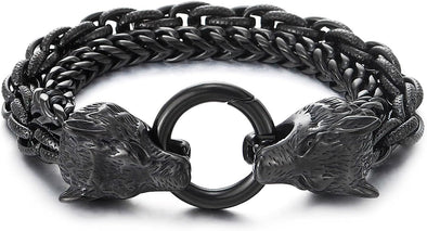 COOLSTEELANDBEYOND Biker Viking Black Wolf Heads Bracelet Mens Steel Double Curb Chain Braided Rope Chain Bracelet - COOLSTEELANDBEYOND Jewelry