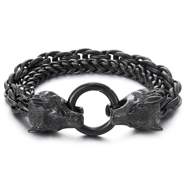 COOLSTEELANDBEYOND Biker Viking Black Wolf Heads Bracelet Mens Steel Double Curb Chain Braided Rope Chain Bracelet - COOLSTEELANDBEYOND Jewelry