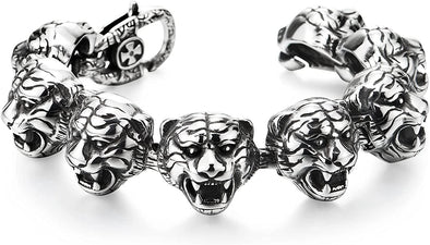 COOLSTEELANDBEYOND Masculine Link of Tiger Heads Stainless Steel Bracelet for Men Silver Black Polished, Rock Punk - COOLSTEELANDBEYOND Jewelry