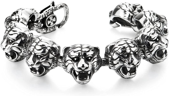 COOLSTEELANDBEYOND Masculine Link of Tiger Heads Stainless Steel Bracelet for Men Silver Black Polished, Rock Punk - COOLSTEELANDBEYOND Jewelry
