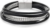 COOLSTEELANDBEYOND Mens Women Stainless Steel Flat Wheat Chain, Multi-strand Black Leather Bracelet with Magnetic Clasp - COOLSTEELANDBEYOND Jewelry