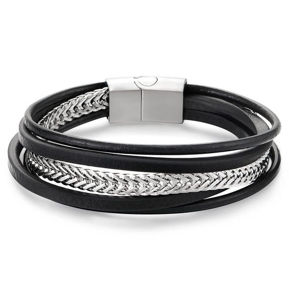 COOLSTEELANDBEYOND Mens Women Stainless Steel Flat Wheat Chain, Multi-strand Black Leather Bracelet with Magnetic Clasp - COOLSTEELANDBEYOND Jewelry