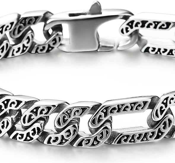 COOLSTEELANDBEYOND Mens Vintage Stainless Steel Fancy Tribal Tattoo Pattern Curb Chain Bracelet with Spring Box Clasp - COOLSTEELANDBEYOND Jewelry