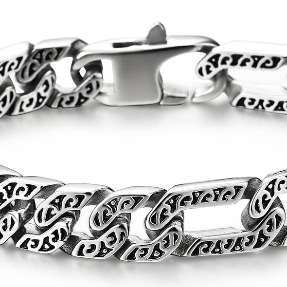 COOLSTEELANDBEYOND Mens Vintage Stainless Steel Fancy Tribal Tattoo Pattern Curb Chain Bracelet with Spring Box Clasp - COOLSTEELANDBEYOND Jewelry