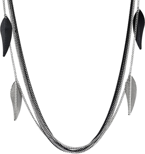 COOLSTEELANDBEYOND Statement Necklace, Black Silver Multi-Strand Long Chain with Leaf Charms Pendant, Party Event Dress - COOLSTEELANDBEYOND Jewelry