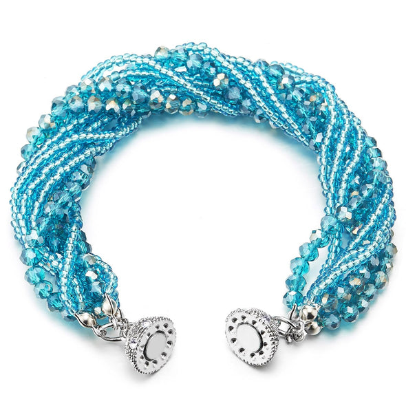 COOLSTEELANDBEYOND Blue Crystal Beads Multi-Strand Bracelet with Rhinestone Ball Charm Magnetic Clasp - COOLSTEELANDBEYOND Jewelry