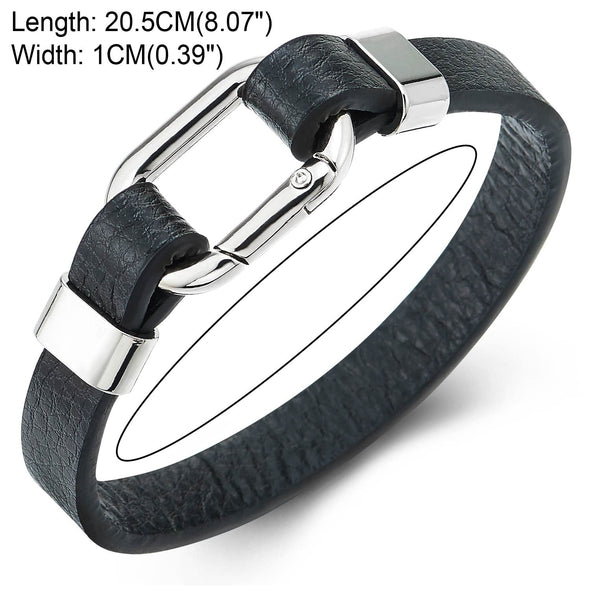 COOLSTEELANDBEYOND Square Oval Link Clasp Black Leather Bracelet Men Women, Bangle Wristband - COOLSTEELANDBEYOND Jewelry