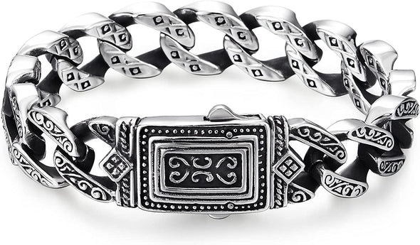 COOLSTEELANDBEYOND Mens Retro Style Steel Vintage Curb Chain Bracelet Engraving with Tribal Tattoo Pattern, Spring Clasp - COOLSTEELANDBEYOND Jewelry