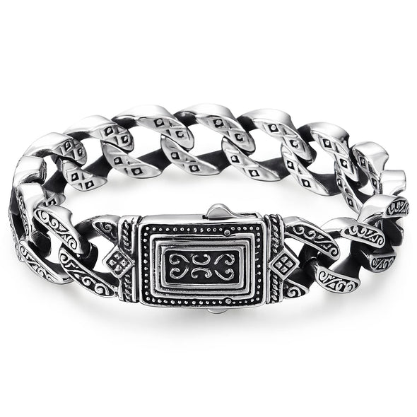 COOLSTEELANDBEYOND Mens Retro Style Steel Vintage Curb Chain Bracelet Engraving with Tribal Tattoo Pattern, Spring Clasp - COOLSTEELANDBEYOND Jewelry