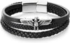 Stainless Steel Ancient Eagle Bangle Bracelet Three-strand Black Braided Leather Wristband for Men - COOLSTEELANDBEYOND Jewelry