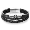 Stainless Steel Ancient Eagle Bangle Bracelet Three-strand Black Braided Leather Wristband for Men - COOLSTEELANDBEYOND Jewelry