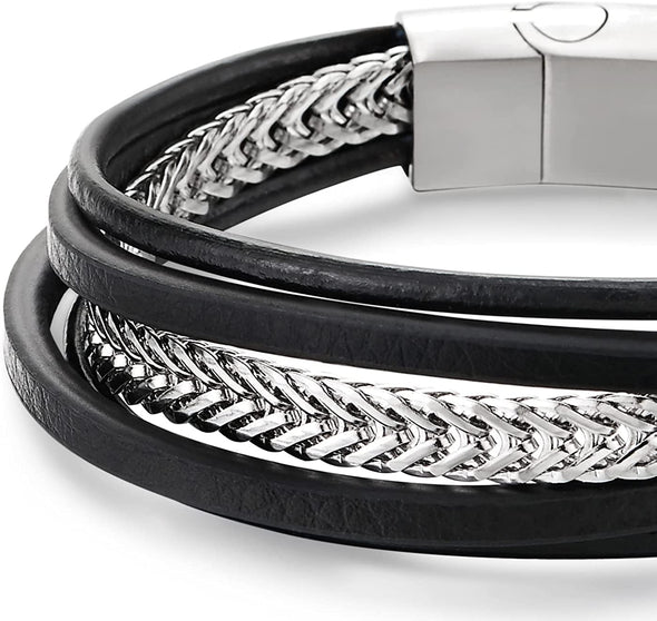 COOLSTEELANDBEYOND Mens Women Stainless Steel Flat Wheat Chain, Multi-strand Black Leather Bracelet with Magnetic Clasp - COOLSTEELANDBEYOND Jewelry