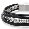 COOLSTEELANDBEYOND Mens Women Stainless Steel Flat Wheat Chain, Multi-strand Black Leather Bracelet with Magnetic Clasp - COOLSTEELANDBEYOND Jewelry