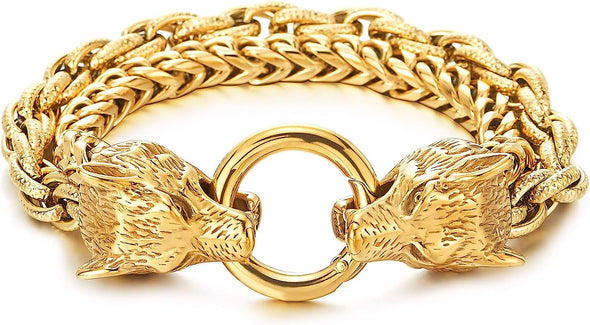 COOLSTEELANDBEYOND Biker Viking Gold Color Wolf Heads Bracelet Mens Steel Double Curb Chain Rope Chain Bracelet - COOLSTEELANDBEYOND Jewelry