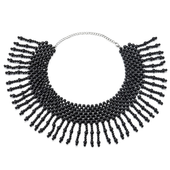 Black Beads Choker Bib Collar Necklace with Dangling Black Bead Tassel Pendant - COOLSTEELANDBEYOND Jewelry