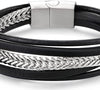 COOLSTEELANDBEYOND Mens Women Stainless Steel Flat Wheat Chain, Multi-strand Black Leather Bracelet with Magnetic Clasp - COOLSTEELANDBEYOND Jewelry